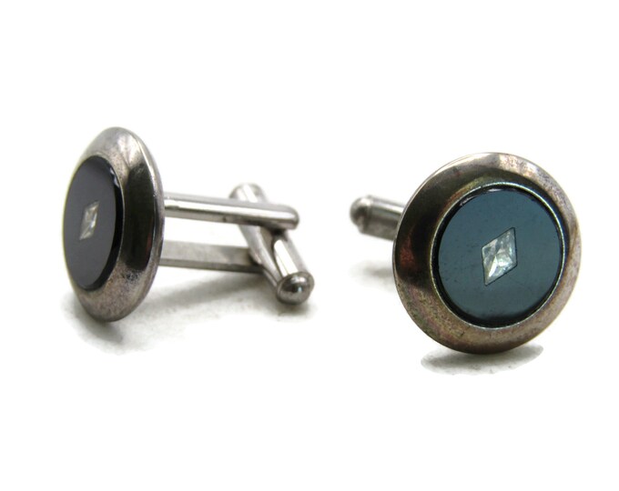 Diamond Shape Rhinestone and Black Stone Inlay Cuff Links Silver Tone Men's Jewelry