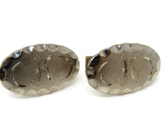 Vintage Letter K Cufflinks for Men: Initial K Silver Tone Oval Ridged Border