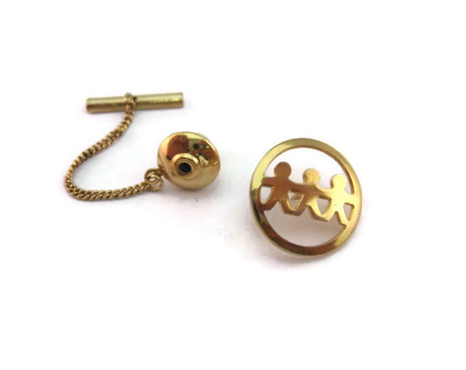 Vintage Men's Tie Tack Pin Jewelry: Three People Holding Hands Gold Tone Circle See Through Design