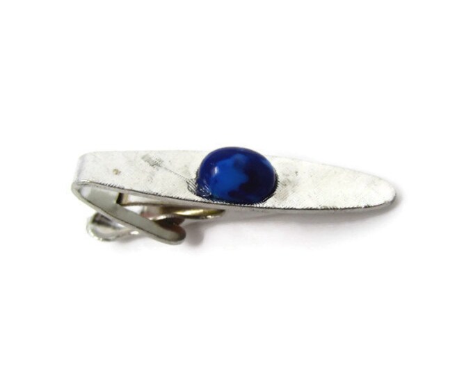 Blue Center Accent Tie Clip Vintage Tie Bar: Textured Silver Tone