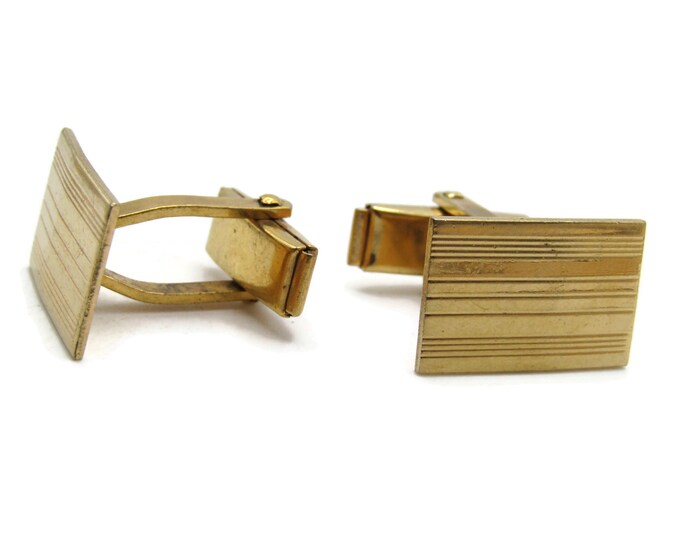Horizontal Lines Rectangle Cuff Links Men's Jewelry Gold Tone