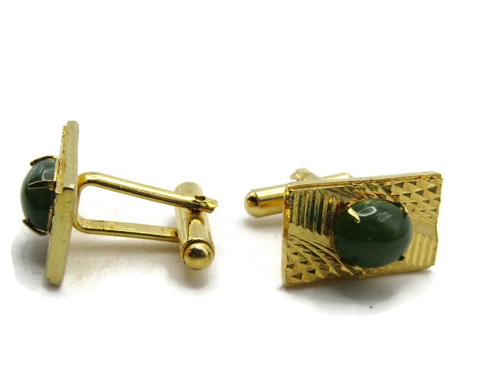 Green Stone Inlay Textured Pattern Rectangle Cuff Links Men's Jewelry Gold Tone