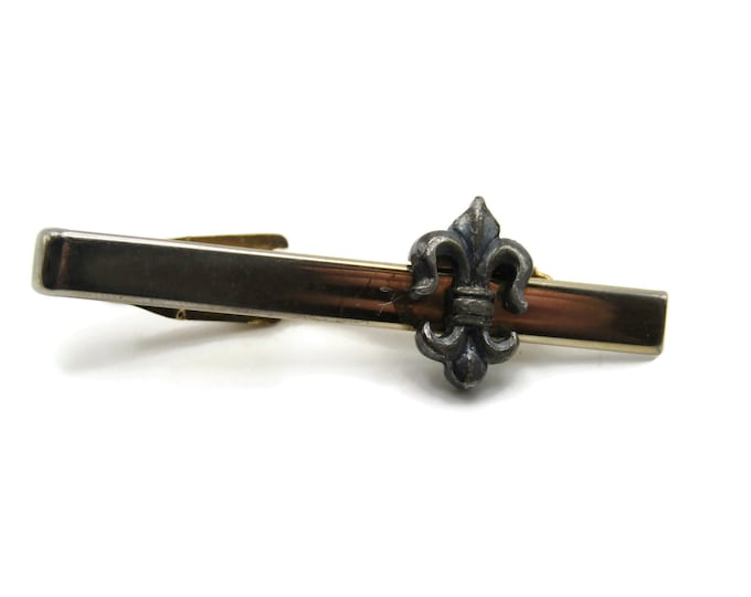 Fleur De Lis Inlay Smooth Finish Modernist Tie Bar Gold Tone Tie Clip Men's Jewelry