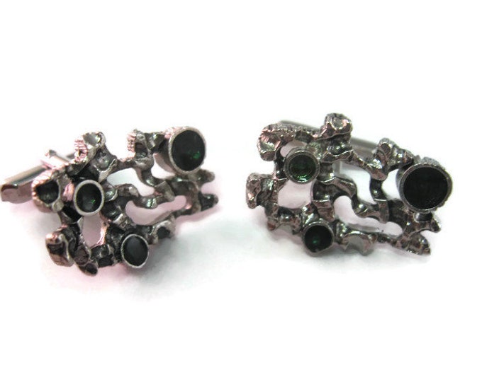 Vintage Cufflinks for Men: Incredible Silver Tone See Through Chunky Green Accent Design