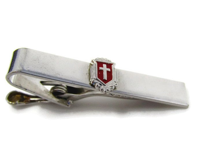 Religious Cross Tie Clip Vintage Tie Bar Red Shield Design Silver Tone