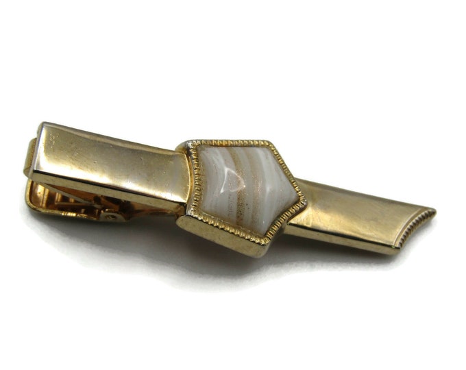 White Stone Inlay Tie Bar Gold Tone Tie Clip Modernist Men's Jewelry