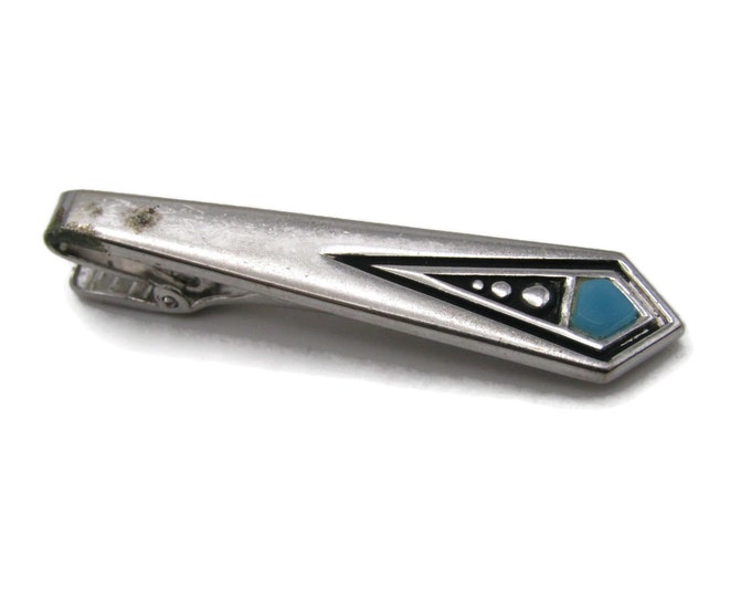 Blue Stone Southwestern Style Triangle Design Tie Clip Silver Tone Tie Bar Men's Jewelry