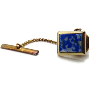 Blue And White Stone Rectangle Tie Pin And Chain Men&#39;s Jewelry Gold Tone