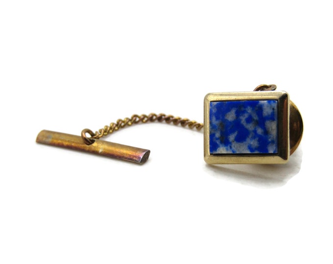 Blue And White Stone Rectangle Tie Pin And Chain Men's Jewelry Gold Tone