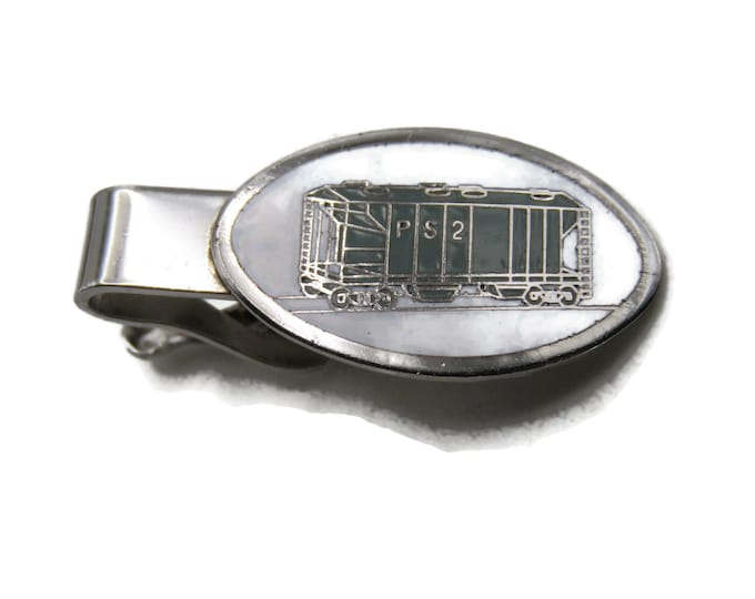 PS2 Blue Train Car Tie Clip White Background Tie Bar Men's Jewelry Silver Tone