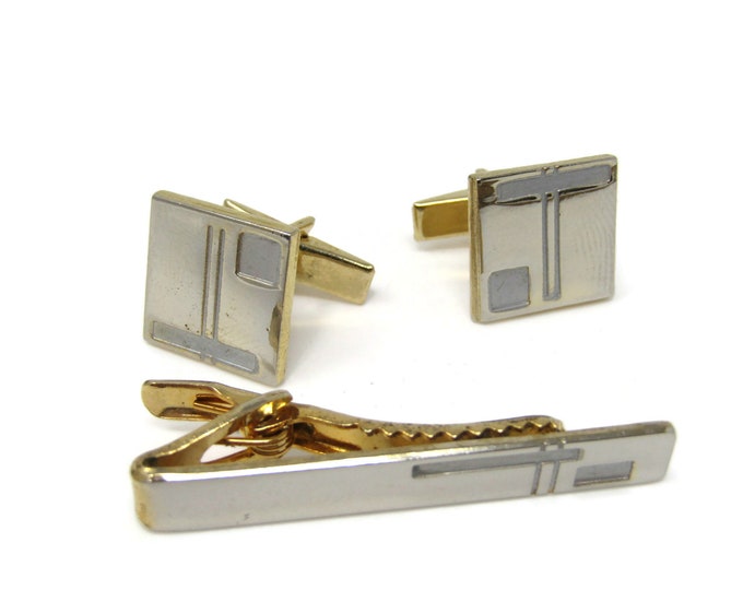 Vintage Men's Jewelry Set Tie Bar Cufflinks Nice Modernist Design Gold Tone