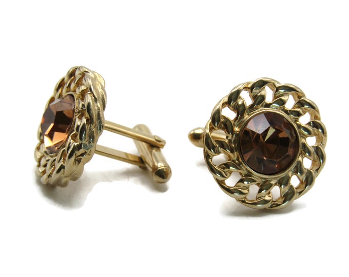 Light Brown Rhinestone Inlay Chain Design Edge Cuff Links Men's Jewelry Gold Tone
