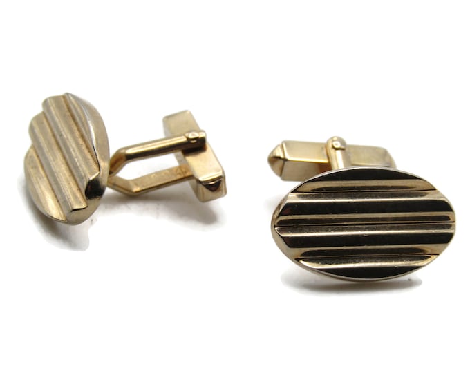 Oval Horizontal Etched Lines Cuff Links Men's Jewelry Gold Tone