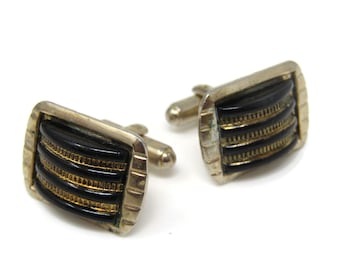 Vintage Black Glass Cufflinks: Gold Tone Striped Design