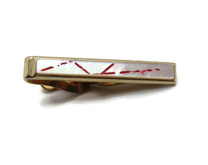 Mother of Pearl and Red Geometric Lines Gold Tone Tie Bar Tie Clip Men's Jewelry