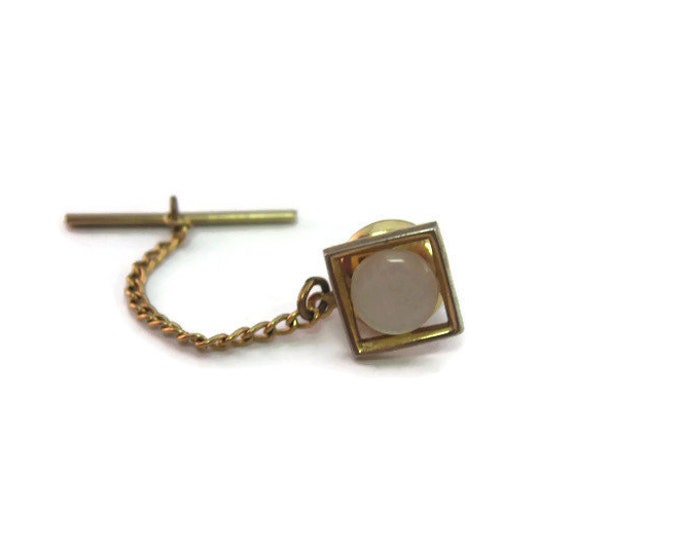 Vintage Men's Tie Tack Pin Jewelry: Opalescent Milky White Accent Gold Tone Open Square Design