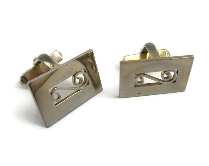 Vintage Cufflinks for Men: See Through Scroll Design Middle Silver Tone Rectangle