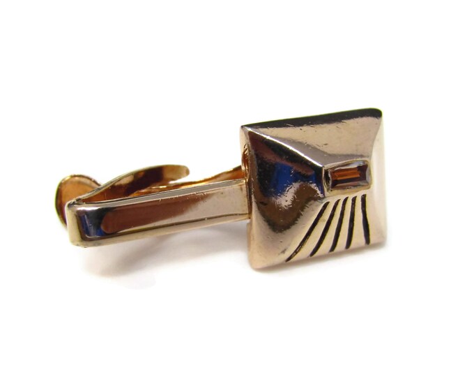 Vintage Tie Clip Tie Bar: Art Deco Orange Jewel Excellent Design & Quality Made in USA