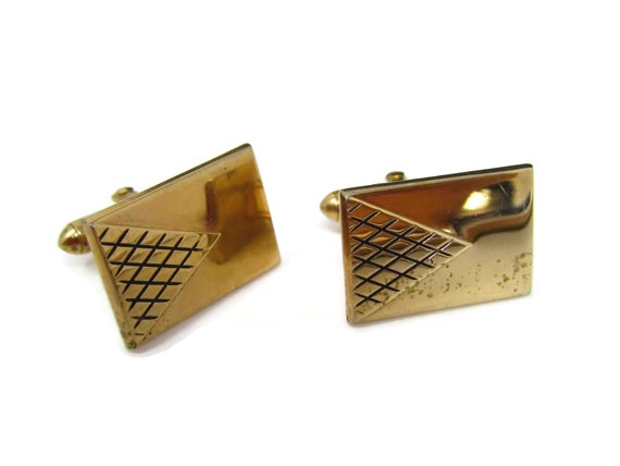 Vintage Cufflinks for Men: Triangle Striped Design Gold Tone Body