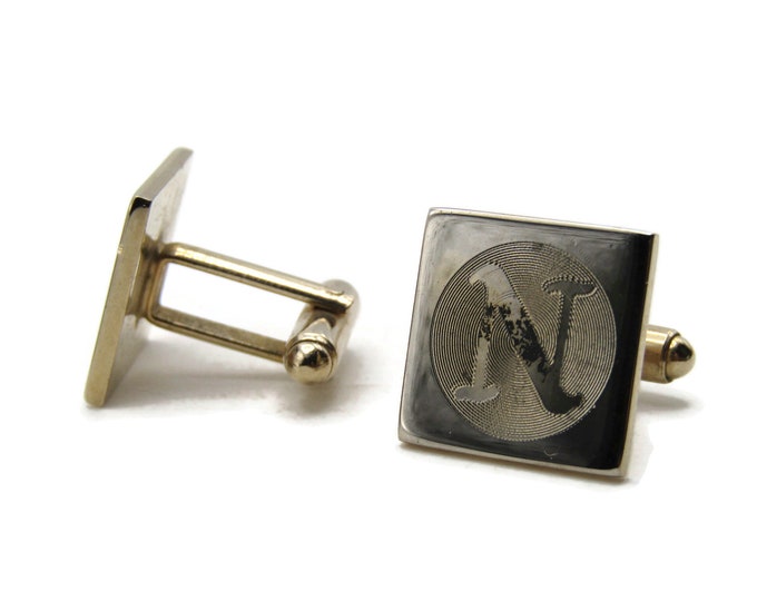 Square N Letter Initial Monogram Cuff Links Men's Jewelry Gold Tone