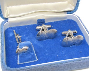 Vintage Silver Tone Cufflink Tie Tack Set: Modernist Men's Jewelry