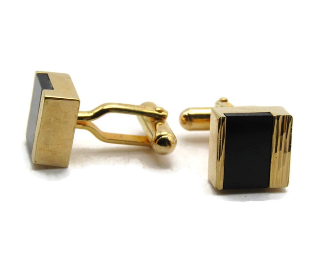 Square Black Stone Inlay Textured Cuff Links Men's Jewelry Gold Tone