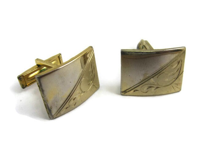 Vintage Cufflinks for Men: Etched Corner Curved Gold Tone Rectangle (Oxidation)