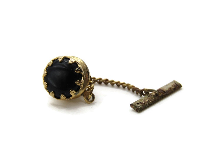 Round Black Stone Inlay Tie Pin And Chain Decorative Clasp Men's Jewelry Gold Tone