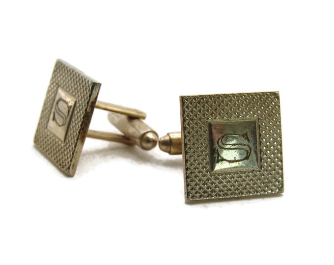 S Letter Initial Monogram Textured Square Cuff Links Gold Tone Men's Jewelry