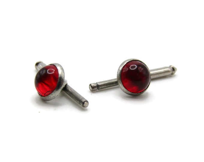 Red Stone Inlay Cuff Links Men's Jewelry Silver Tone