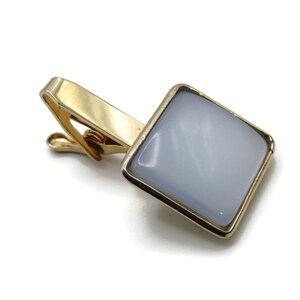Square Light Blue Stone Inlay Gold Tone Tie Clip Tie Bar Modernist Men&#39;s Jewelry