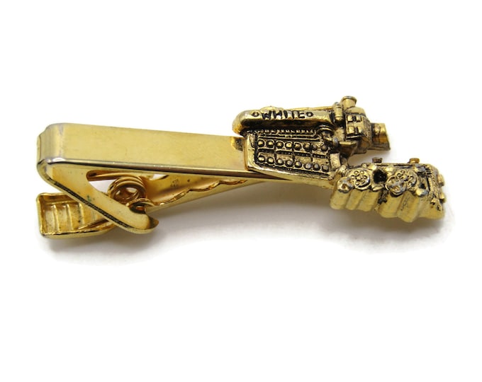 White Lettered Machine Tie Clip Tie Bar Men's Jewelry Gold Tone