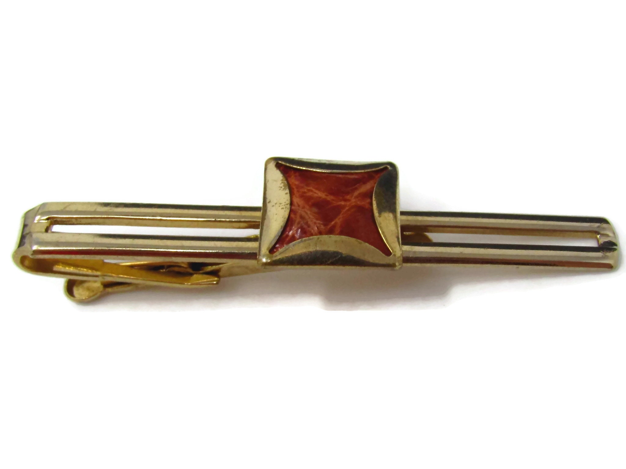 Vintage Leaf Etch Gold Tone Nice Mens Tie Bar Clip Je