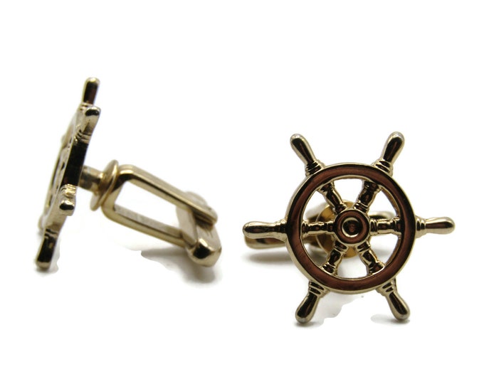 Ship Steering Wheel Cuff Links Men's Jewelry Gold Tone