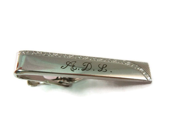 Vintage Men's Tie Bar Clip Jewelry: "ADL" Beautiful Calligraphy Silver Tone Design