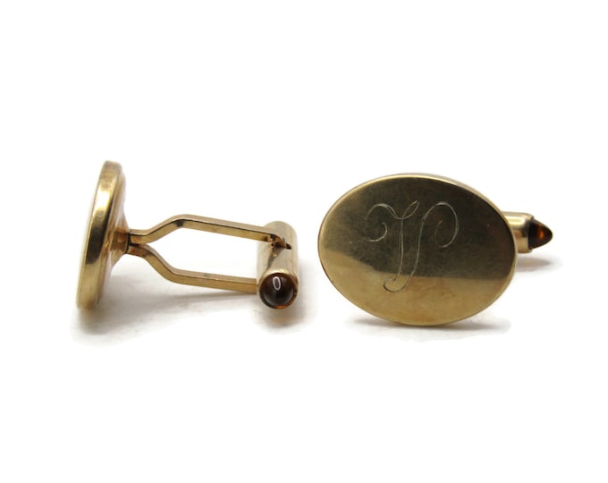 V Letter Initial Monogram Oval Cuff Links Men's Jewelry Gold Tone