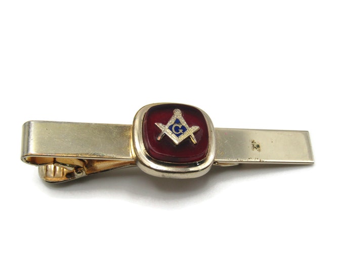 Red Masonic Insignia Inlay Gold Tone Tie Bar Tie Clip Men's Jewelry