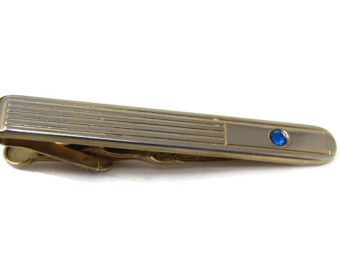 Blue Jewel Tie Clip Vintage Tie Bar: Horizontal Lines Gold Tone