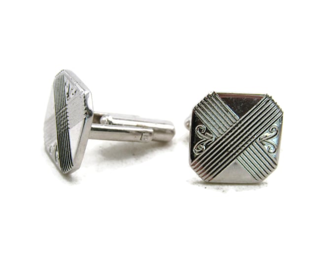 Etched X and Motif Design Cuff Links Silver Tone Men's Jewelry
