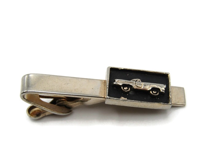 Classic Car Tie Clip Black Background Gold Tone Etched Modernist Tie Bar Men's Jewelry