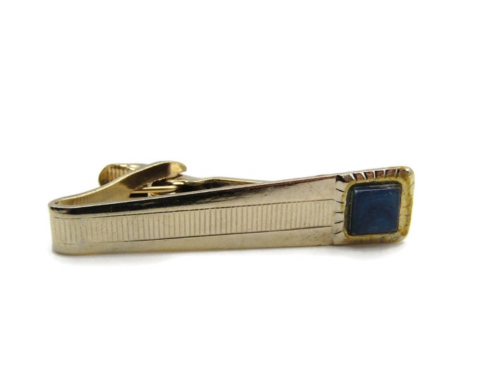 Blue Stone Inlay Etched Line Design Gold Tone Tie Bar Tie Clip Men's Jewelry