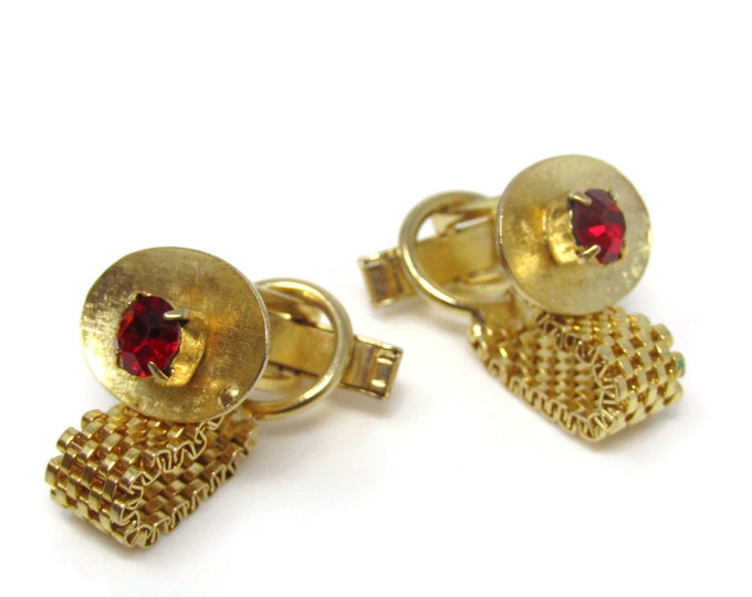 Red Jewel Textured Dish Wrap Cufflinks Gold Tone Vintage Men's Jewelry Beautiful Design