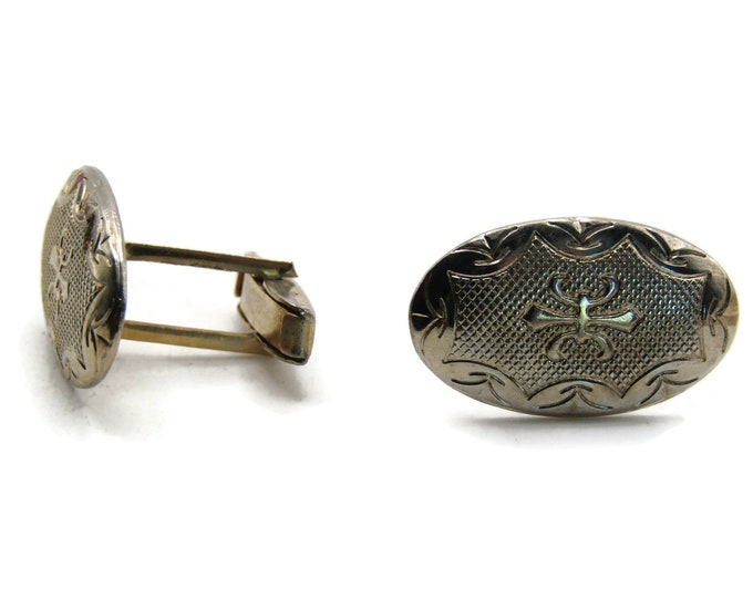 Decorative Motif Oval Cuff Links Men's Jewelry Gold Tone