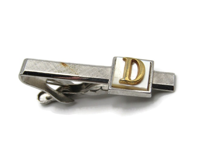 D Letter Monogram & Mother of Pearl Inset Silver Tone Tie Bar Tie Clip Men's Jewelry
