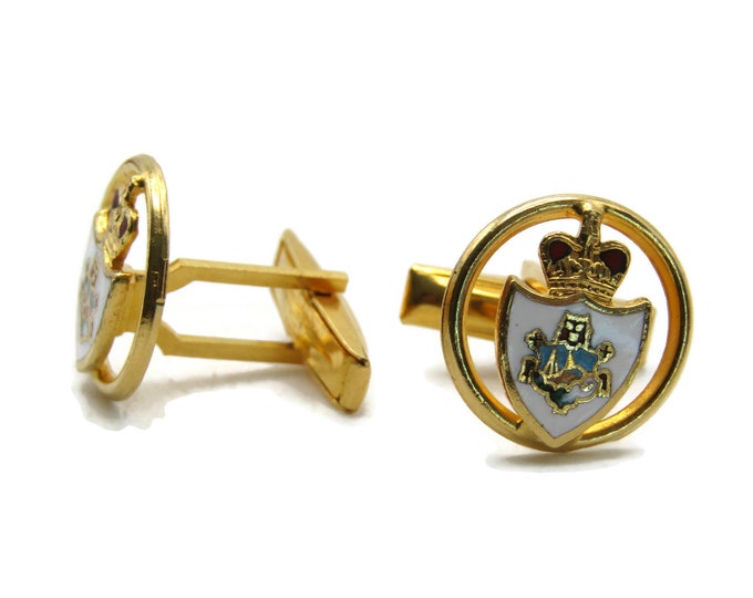 White And Red Crown And Crest Cuff Links Men's Jewelry Gold Tone