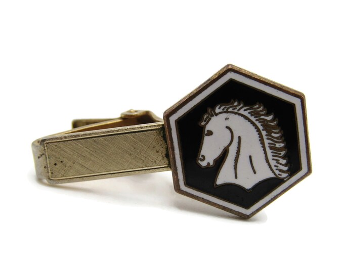 Horse Hear Profile Black White Brushed Finish Gold Tone Tie Bar Tie Clip Men's Jewelry