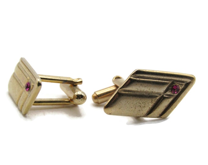 Pink Rhinestone And Line Design Cuff Links Men's Jewelry Gold Tone
