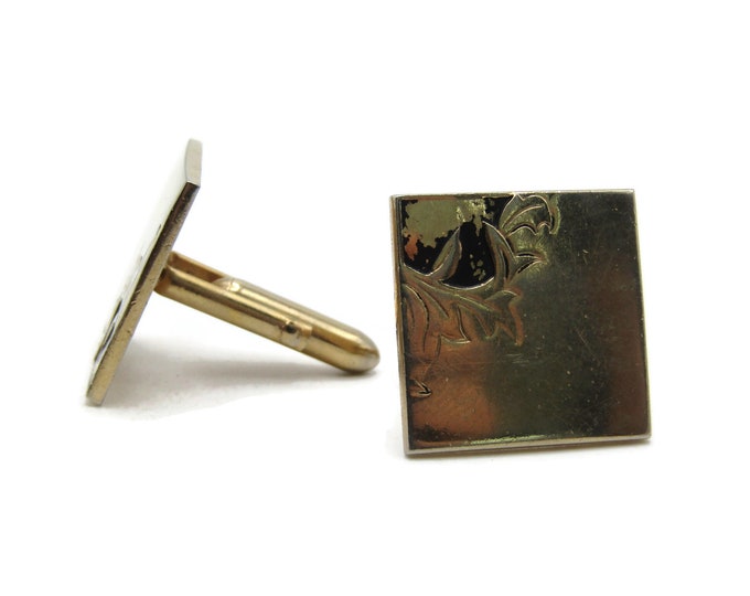 Leaf Motif Square Cuff Links Black & Gold Tone Men's Jewelry