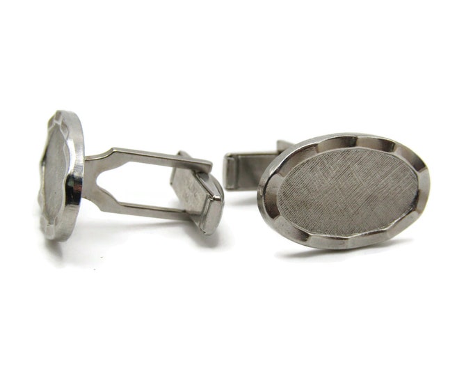 Beveled Edge Textured Oval Cuff Links Men's Jewelry Silver Tone