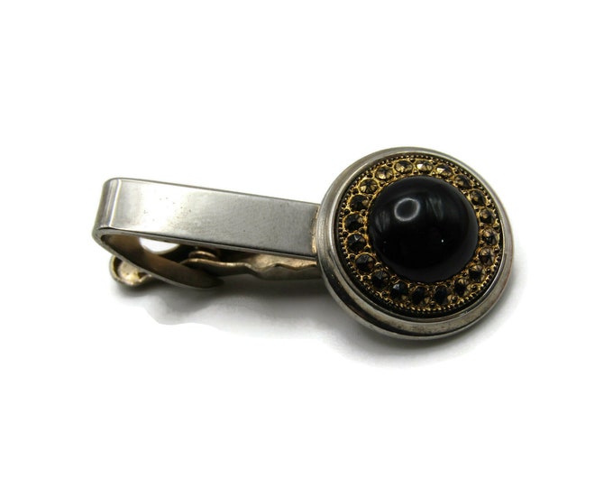 Black Stone and Gold Tone Black Rhinestone Inlay Circle & Straight Bar Design Tie Bar Tie Clip Men's Jewelry